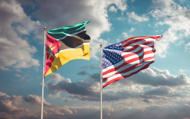 Mozambik ve ABD 'nin güzel ulusal bayrağı gökyüzü arka planında birlikte. 3B sanat eseri konsepti. 