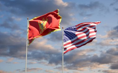 Karadağ ve ABD 'nin güzel ulusal bayrakları gökyüzü arka planında birlikte. 3B sanat eseri konsepti. 