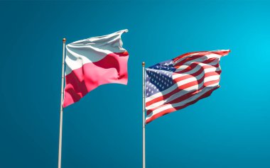 Polonya ve ABD 'nin güzel ulusal bayrakları gökyüzü arka planında birlikte. 3B sanat eseri konsepti. 