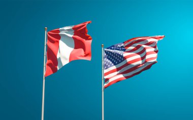 Peru ve ABD 'nin güzel ulusal bayrakları gökyüzü arka planında birlikte. 3B sanat eseri konsepti. 