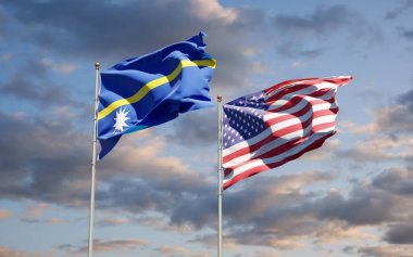 Nauru ve ABD 'nin güzel ulusal bayrağı gökyüzü arka planında birlikte. 3B sanat eseri konsepti. 