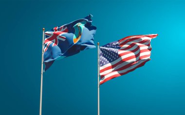 Montserrat ve ABD 'nin güzel ulusal bayrakları gökyüzü arka planında birlikte. 3B sanat eseri konsepti. 