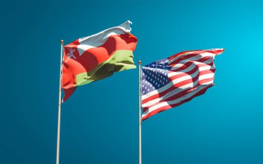 Umman ve ABD 'nin güzel ulusal bayrağı gökyüzü arka planında birlikte. 3B sanat eseri konsepti. 