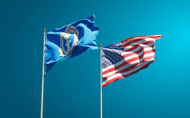 Kuzey Mariana Adaları ve ABD 'nin güzel ulusal bayrakları gökyüzü arka planında birlikte. 3B sanat eseri konsepti. 