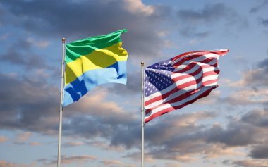 Gabon ve ABD 'nin güzel ulusal bayrakları gökyüzünde birlikte. 3B sanat eseri konsepti. 