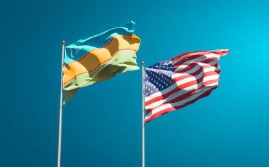 Karakalpakistan ve ABD 'nin güzel ulusal bayrakları gökyüzü arka planında birlikte. 3B sanat eseri konsepti. 