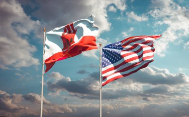 Cebelitarık ve ABD 'nin güzel ulusal bayrağı gökyüzü arka planında birlikte. 3B sanat eseri konsepti. 