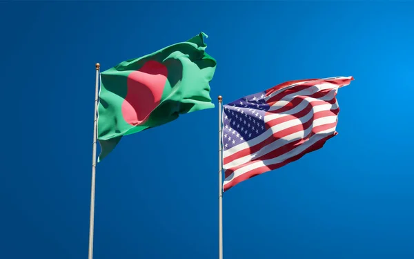 ABD ve Bangladeş 'in güzel ulusal bayrakları gökyüzü arka planında birlikte. 3B sanat eseri konsepti. 