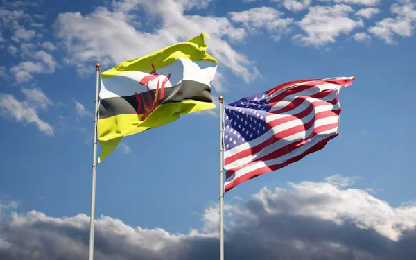 Krásné Národní Vlajky Usa Brunej Společně Obloze Pozadí Koncept Uměleckých — Stock fotografie