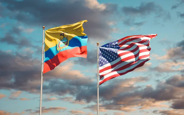 Vackra Nationella Flaggor Ecuador Och Usa Tillsammans Himlen Bakgrund Konstverkskoncept — Stockfoto