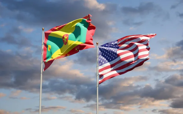 Vackra Nationalstatliga Flaggor Grenada Och Usa Tillsammans Himlen Bakgrund Konstverkskoncept — Stockfoto