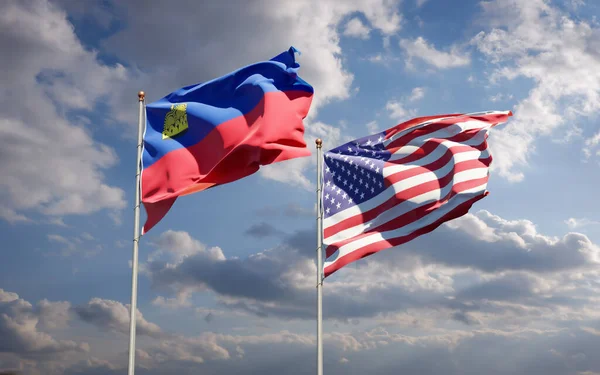 Vackra Nationella Flaggor Liechtenstein Och Usa Tillsammans Himlen Bakgrund Konstverkskoncept — Stockfoto