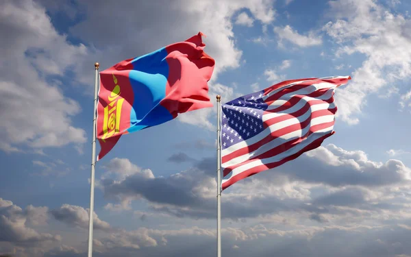 Vackra Nationalstatliga Flaggor Mongoliet Och Usa Tillsammans Himlen Bakgrund Konstverkskoncept — Stockfoto
