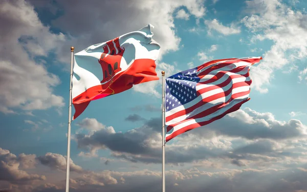 Cebelitarık ve ABD 'nin güzel ulusal bayrağı gökyüzü arka planında birlikte. 3B sanat eseri konsepti. 