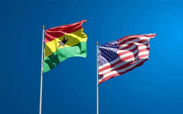 空を背景に ガーナとアメリカの美しい国旗が一緒に 3Dアートワークコンセプト — ストック写真