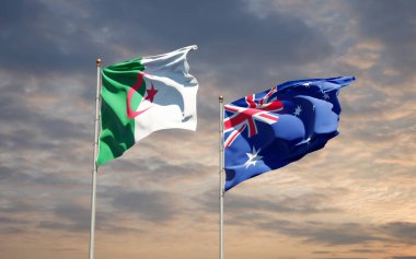 Avustralya ve Cezayir 'in güzel ulusal bayrağı gökyüzü arka planında birlikte. 3B sanat eseri konsepti. 