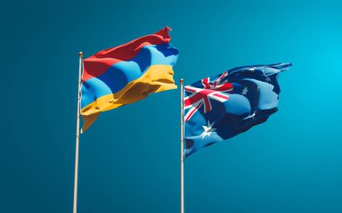 Avustralya ve Ermenistan 'ın güzel ulusal bayrakları gökyüzü arka planında birlikte. 3B sanat eseri konsepti. 