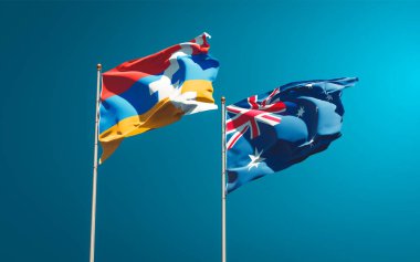 Avustralya ve Artsakh 'ın güzel ulusal bayrakları gökyüzü arka planında birlikte. 3B sanat eseri konsepti. 