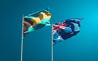 Avustralya ve Bahamalar 'ın güzel ulusal bayrakları gökyüzü arka planında birlikte. 3B sanat eseri konsepti. 