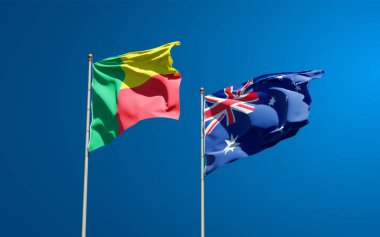 Avustralya ve Benin 'in güzel ulusal bayrakları gökyüzü arka planında birlikte. 3B sanat eseri konsepti. 