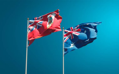 Avustralya ve Bermuda 'nın güzel ulusal bayrakları gökyüzü arka planında birlikte. 3B sanat eseri konsepti. 