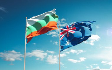 Avustralya ve Bulgaristan 'ın güzel ulusal bayrakları gökyüzü arka planında birlikte. 3B sanat eseri konsepti. 