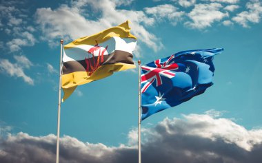 Avustralya ve Brunei 'nin güzel ulusal bayrağı gökyüzü arka planında birlikte. 3B sanat eseri konsepti. 