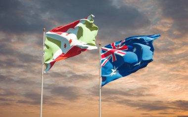 Avustralya ve Burundi 'nin güzel ulusal bayrakları gökyüzü arka planında birlikte. 3B sanat eseri konsepti. 