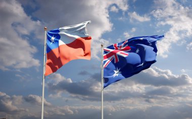 Avustralya ve Şili 'nin güzel ulusal bayrakları gökyüzü arka planında birlikte. 3B sanat eseri konsepti. 