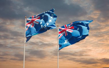 Avustralya ve Cook Adası 'nın güzel ulusal bayrakları gökyüzü arka planında birlikte. 3B sanat eseri konsepti. 