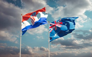 Avustralya ve Hırvatistan 'ın güzel ulusal bayrakları gökyüzünde birlikte. 3B sanat eseri konsepti. 