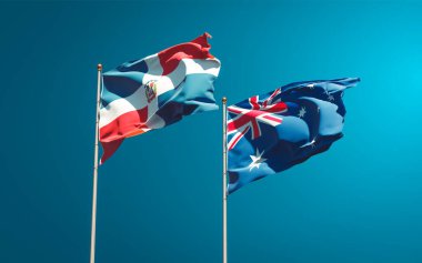 Avustralya ve Dominik Cumhuriyeti 'nin güzel ulusal bayrakları gökyüzü arka planında birlikte. 3B sanat eseri konsepti. 