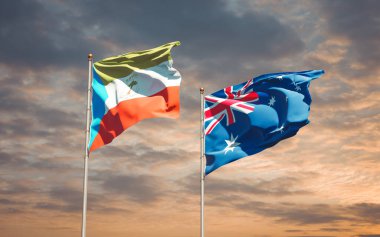 Avustralya ve Ekvator Ginesi 'nin güzel ulusal bayrakları gökyüzü arka planında birlikte. 3B sanat eseri konsepti. 