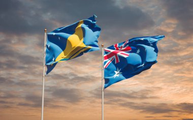 Tokelau ve Avustralya 'nın güzel bayrakları gökyüzü arka planında birlikte. 3B sanat eseri konsepti. 