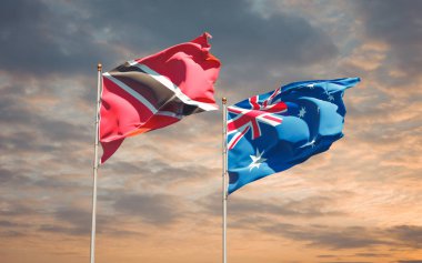 Gökyüzünde Trinidad, Tobago ve Avustralya 'nın güzel ulusal bayrakları. 3B sanat eseri konsepti. 