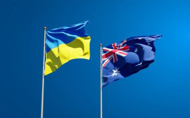 Ukrayna ve Avustralya 'nın güzel ulusal bayrakları gökyüzü arka planında birlikte. 3B sanat eseri konsepti. 