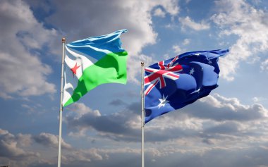 Cibuti ve Avustralya 'nın güzel ulusal bayrakları gökyüzü arka planında birlikte. 3B sanat eseri konsepti. 