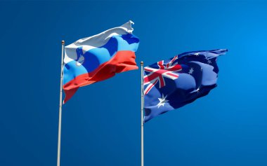 Slovenya ve Avustralya 'nın güzel ulusal bayrakları gökyüzü arka planında birlikte. 3B sanat eseri konsepti. 