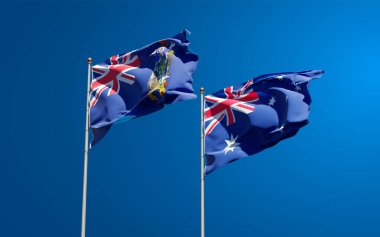 Güney Gürcistan, Güney Sandviç Adaları ve Avustralya 'nın güzel ulusal bayrakları gökyüzü arka planında birlikte. 3B sanat eseri konsepti. 