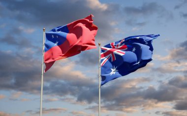 Samoa ve Avustralya 'nın güzel ulusal bayrağı gökyüzü arka planında birlikte. 3B sanat eseri konsepti. 