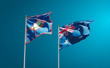 Gökyüzü arka planında Sint Eustatius ve Avustralya 'nın güzel ulusal bayrakları birlikte. 3B sanat eseri konsepti. 