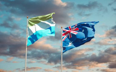 Sierra Leone ve Avustralya 'nın güzel ulusal bayrağı gökyüzü arka planında birlikte. 3B sanat eseri konsepti. 