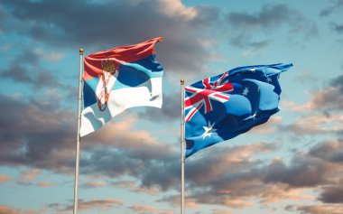 Sırbistan ve Avustralya 'nın güzel ulusal bayrakları gökyüzü arka planında birlikte. 3B sanat eseri konsepti. 