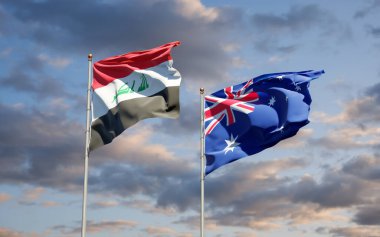 Irak ve Avustralya 'nın güzel ulusal bayrakları gökyüzünde birlikte. 3B sanat eseri konsepti. 