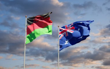 Malawi ve Avustralya 'nın güzel ulusal bayrakları gökyüzü arka planında birlikte. 3B sanat eseri konsepti. 