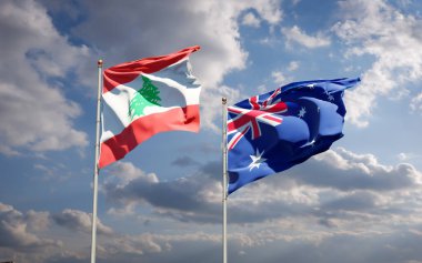 Lübnan ve Avustralya 'nın güzel ulusal bayrakları gökyüzü arka planında birlikte. 3B sanat eseri konsepti. 