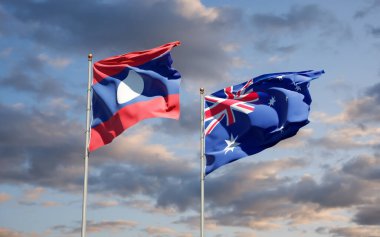 Laos ve Avustralya 'nın güzel ulusal bayrağı gökyüzü arka planında birlikte. 3B sanat eseri konsepti. 