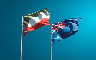 Kuveyt ve Avustralya 'nın güzel ulusal bayrakları gökyüzü arka planında birlikte. 3B sanat eseri konsepti. 