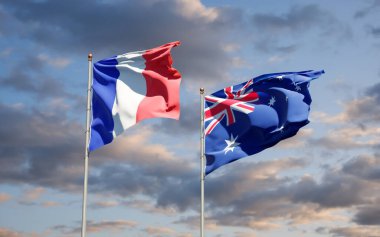 Fransa ve Avustralya 'nın güzel ulusal bayrakları gökyüzü arka planında birlikte. 3B sanat eseri konsepti. 