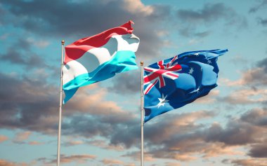 Lüksemburg ve Avustralya 'nın güzel ulusal bayrakları gökyüzü arka planında birlikte. 3B sanat eseri konsepti. 